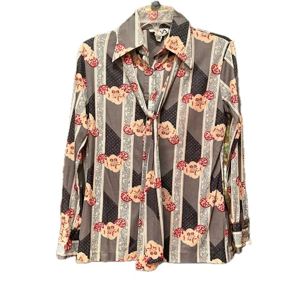 Vintage 1970s long sleeve blouse with tie neckerchief floral grey Vicki Volts - Picture 2 of 12